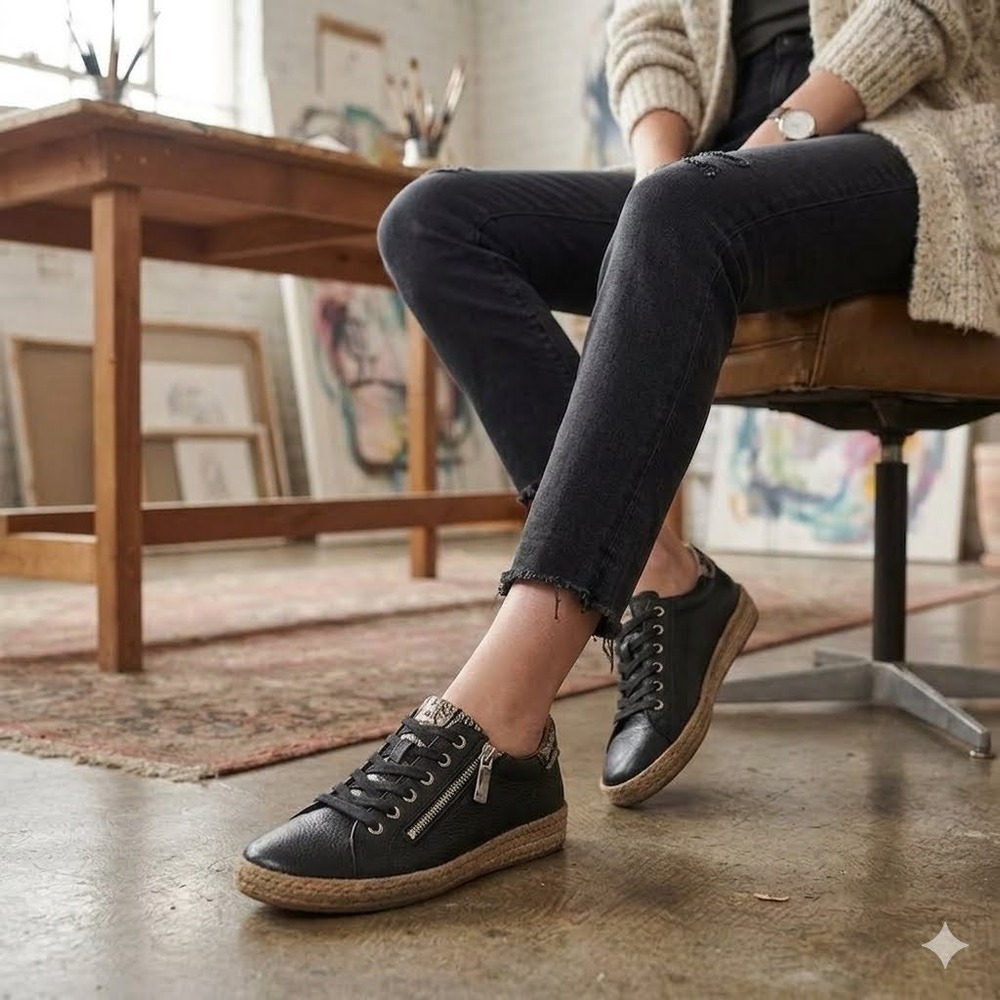 Pikolinos Lagos Sneaker Womens 37/US 6 Black Leather Side Zip Minimalist Fashion